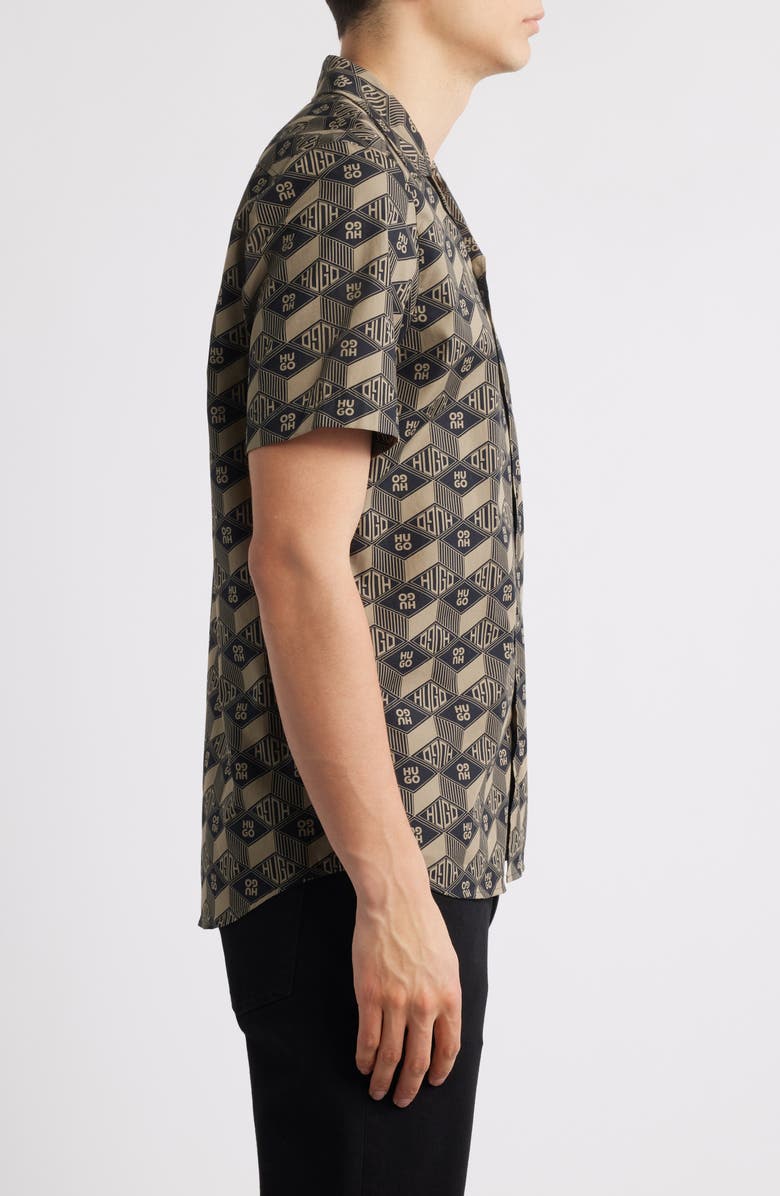 HUGO Ellino Logo Print Camp Shirt, Alternate, color, Black