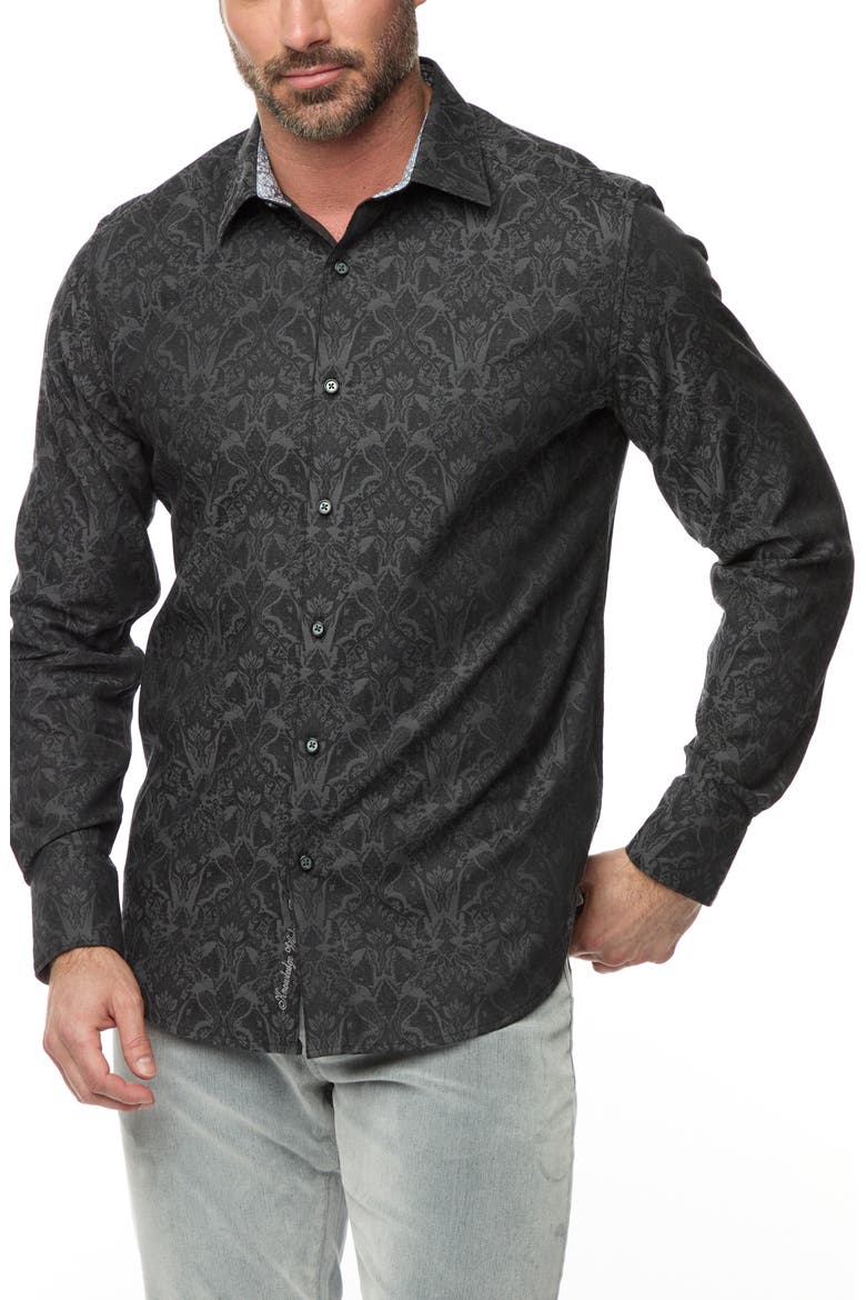 Highland Classic Fit Tapestry Print Cotton Button-Up Shirt, Main, color, CHARCOAL