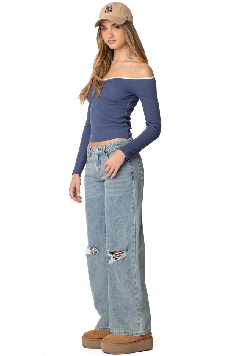 EDIKTED Tal Long Sleeves Off the Shoulder Top, Alternate, color, Navy