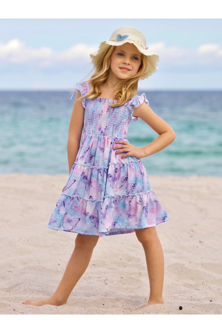 Girls Spring Butterflies Smocked Tiered Dress, Alternate, color, Purple