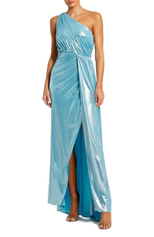 Mac Duggal Metallic Draped One Shoulder Grecian Dress In Ice Blue