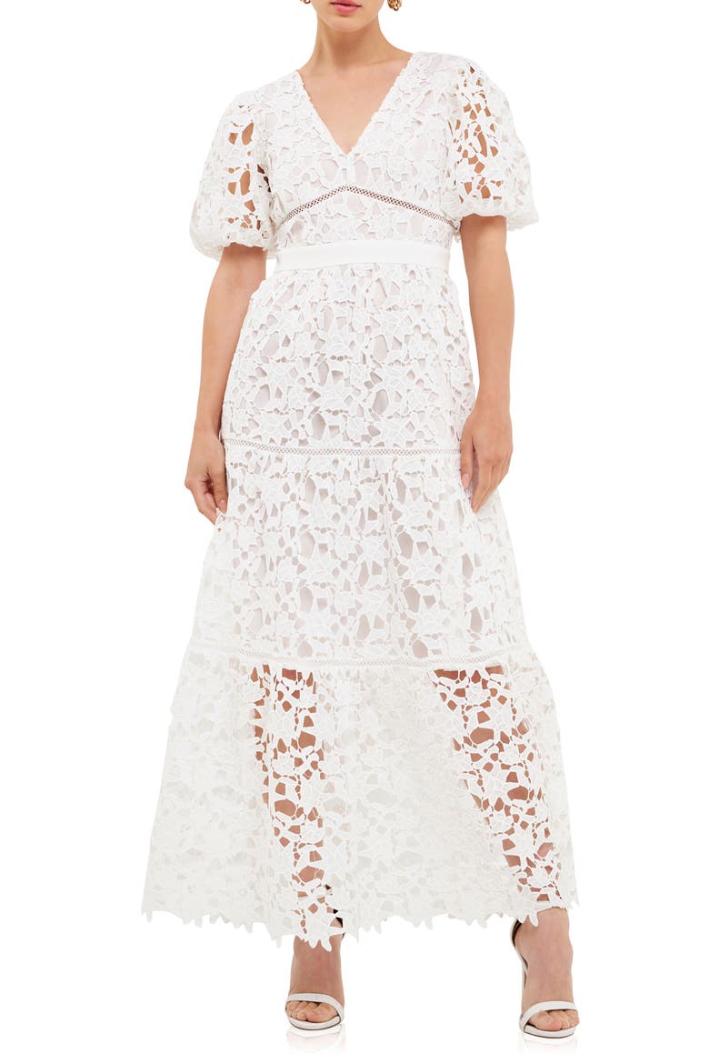 Puff Sleeve Tiered Lace Maxi Dress, Main, color, WHITE