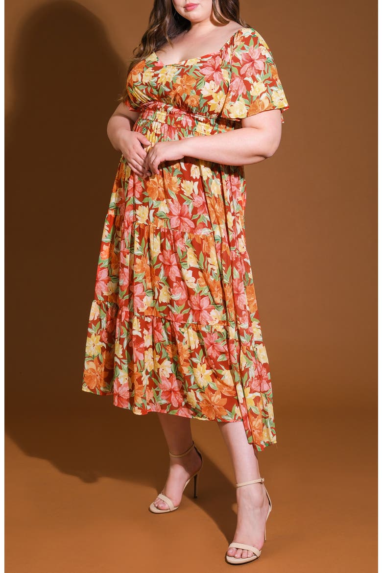 Printed Woven Tiered Maxi Dress, Alternate, color, BRICK