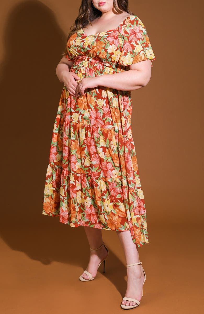 FLYING TOMATO Printed Woven Tiered Maxi Dress, Alternate, color, Brick