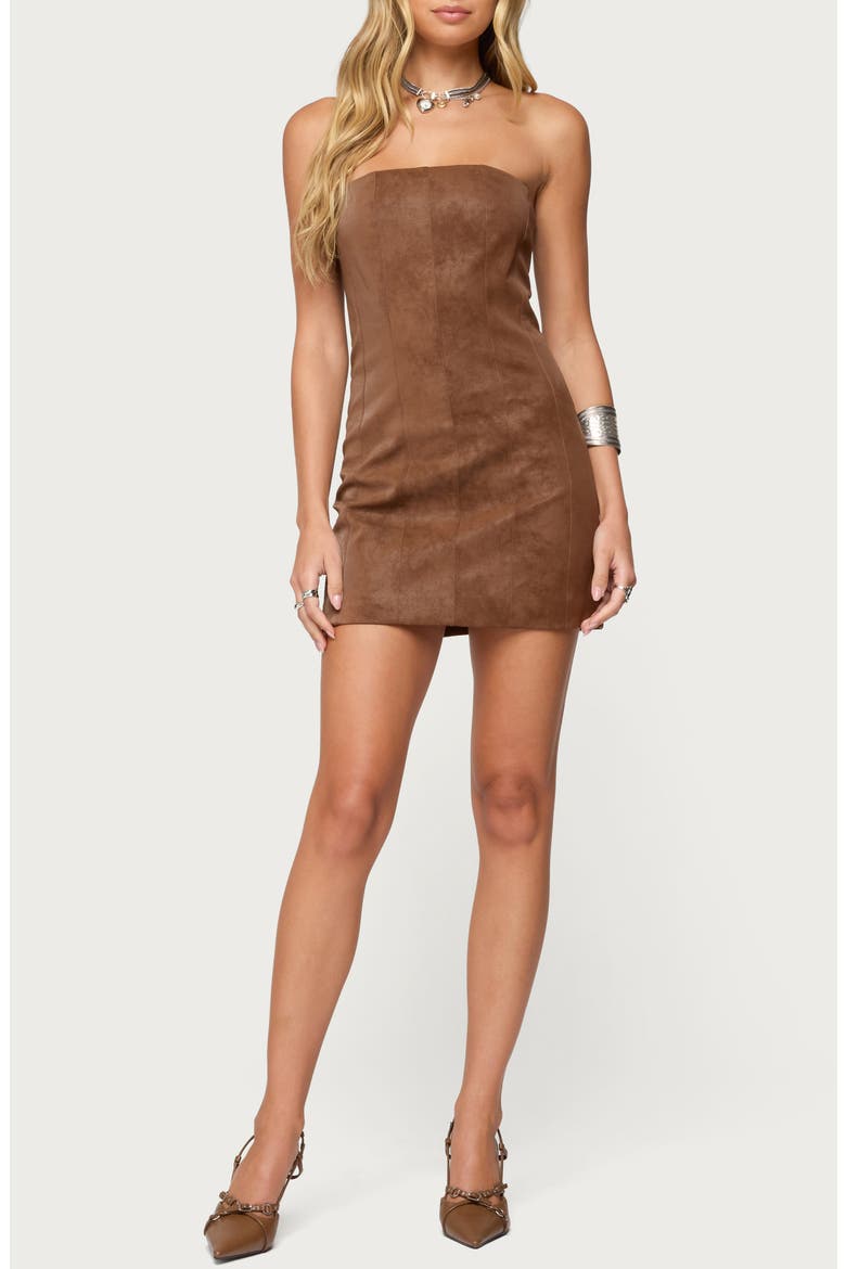 Carina Strapless Faux Suede Minidress, Main, color, BROWN
