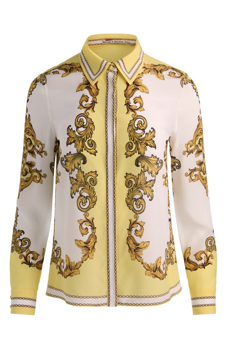 Alice + Olivia Willa Print Silk Button-Up Shirt, Alternate, color, Golden Coast