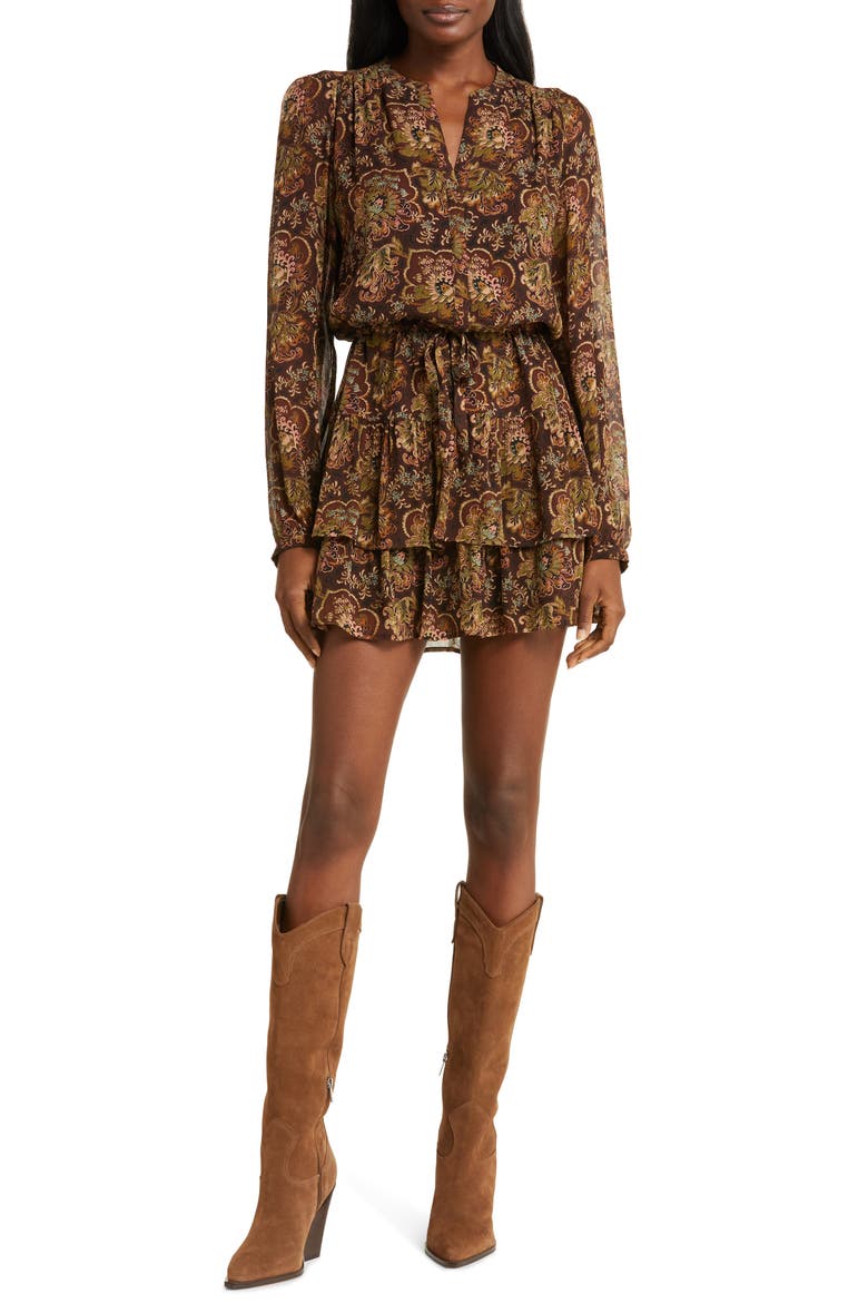 Elias Floral Long Sleeve Silk Dress, Main, color, BLACK/ BROWN