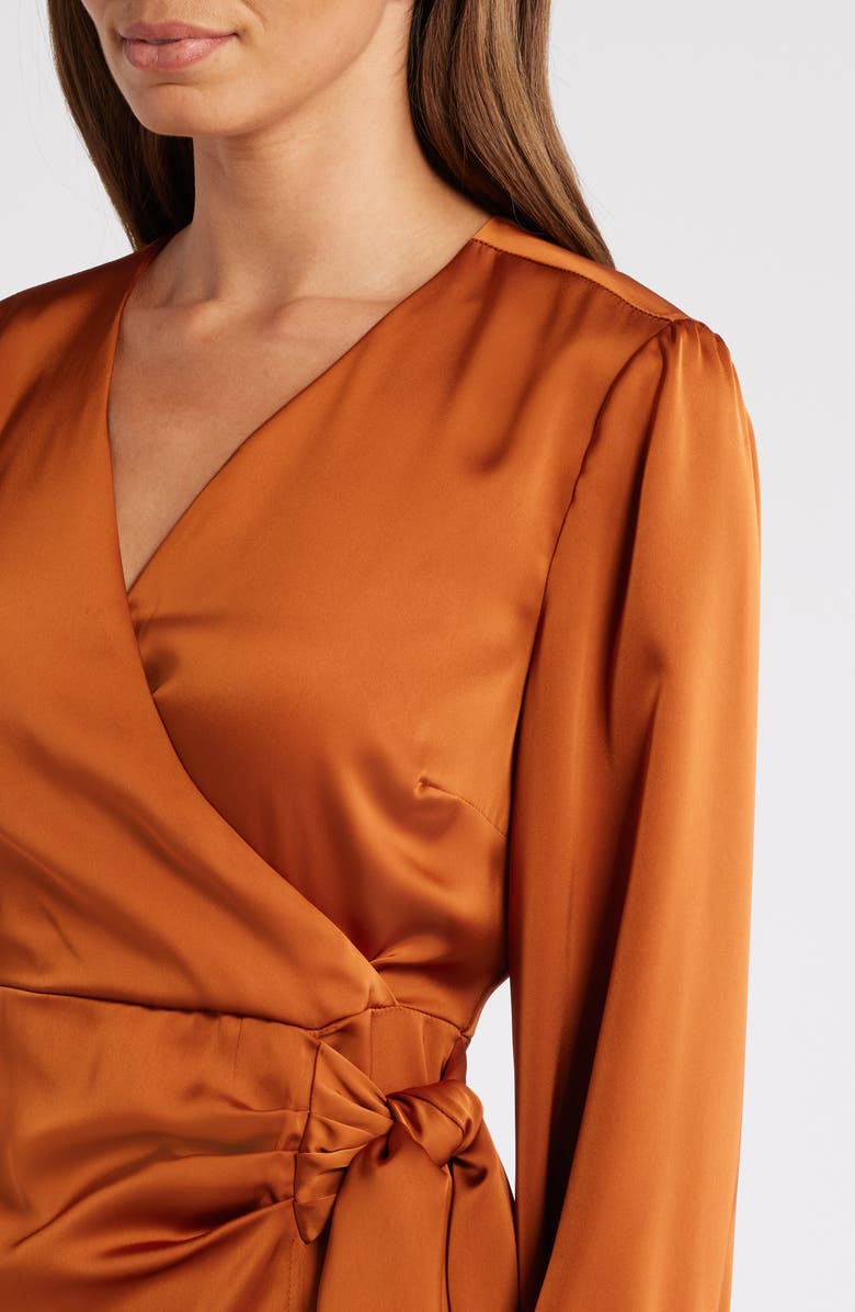 Sam Edelman Fluid Long Sleeve Satin Faux Wrap Midi Dress, Alternate, color, Copper
