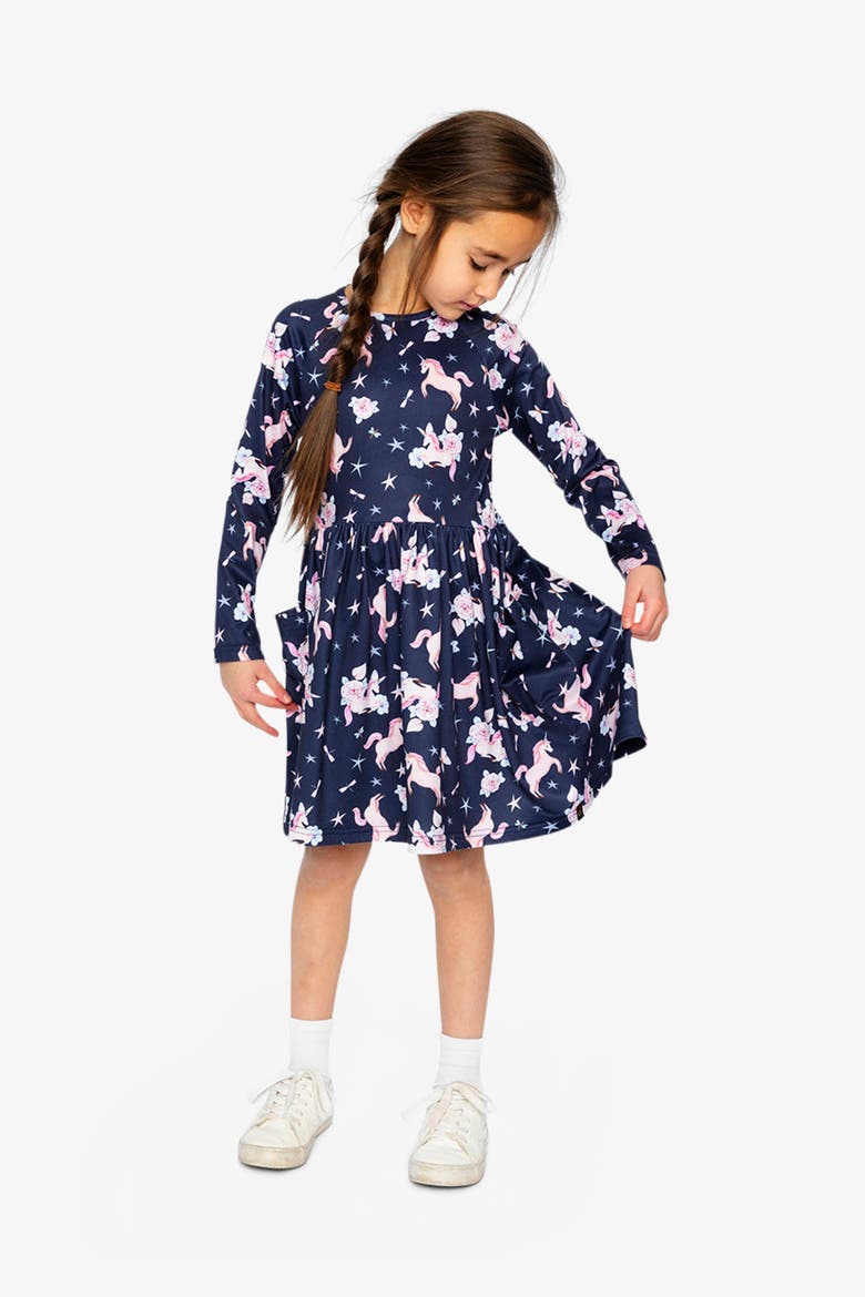 Long Raglan Sleeve Unicorn Dress with Patch Pockets, Alternate, color, Navy Unicorn Print
