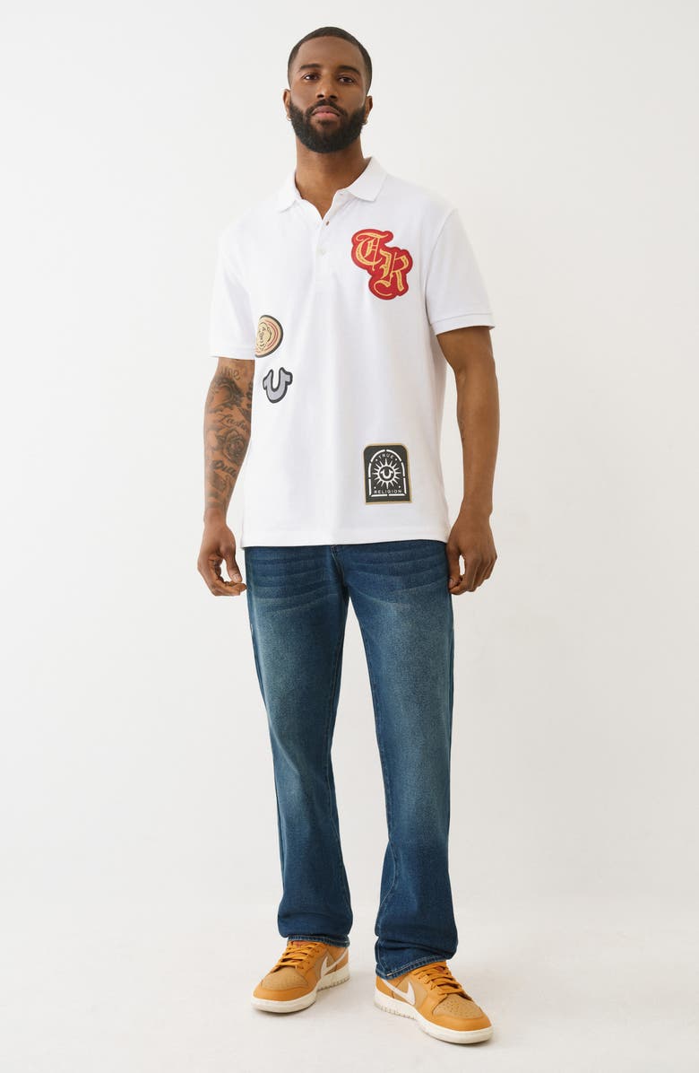 True Religion Relaxed Patchwork Cotton Polo, Alternate, color, Optic White
