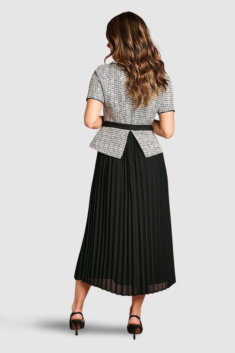 Tweed Bodice Pleated Skirt Dress, Alternate, color, Mono