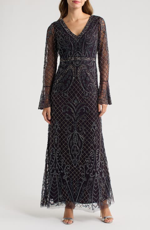 Beaded Long Sleeve Gown