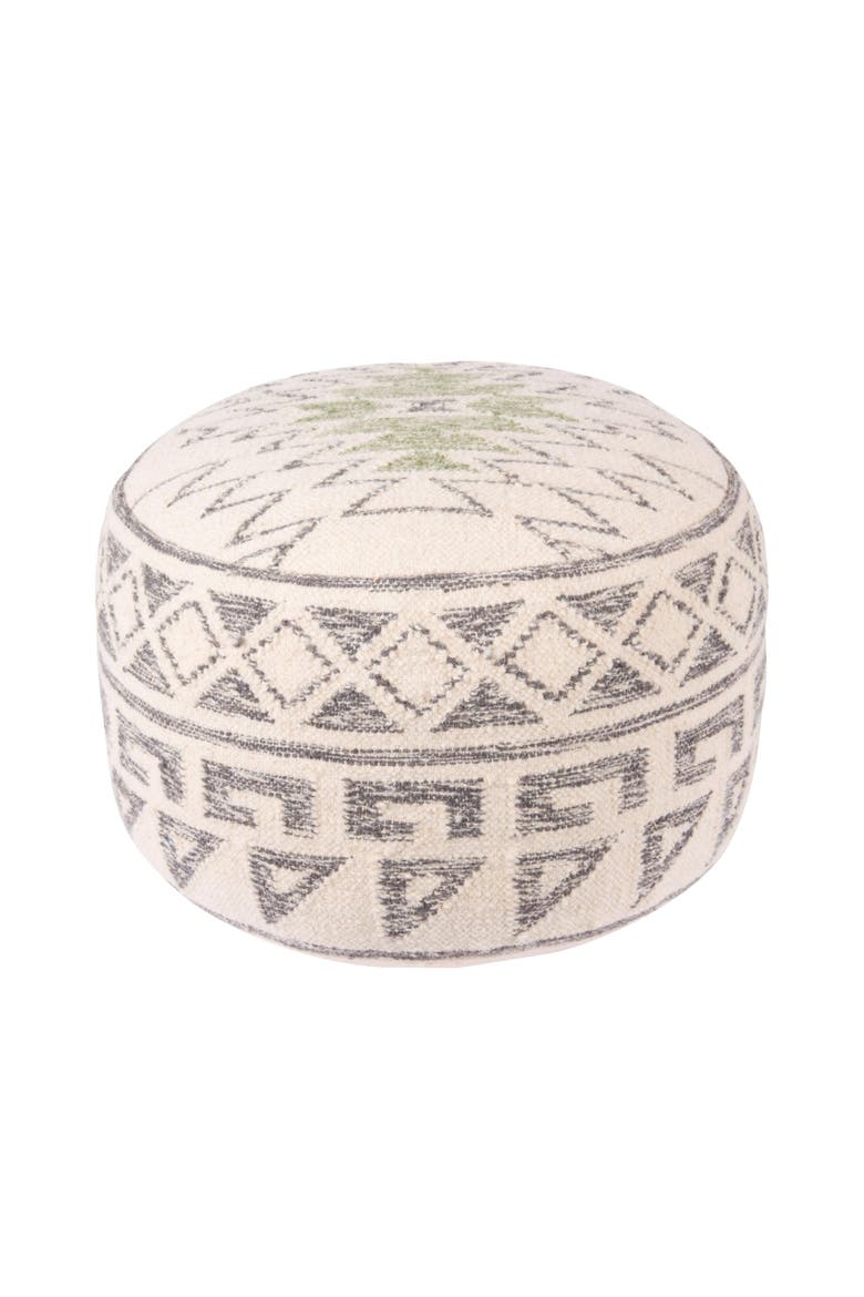 Round Wool Blend Kilim Pouf with Geometric Design, Grey, Main, color, Grey