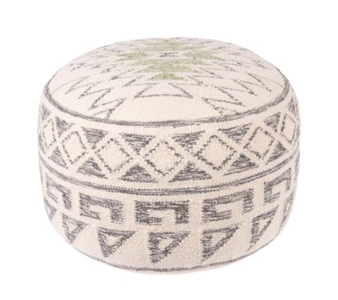 Round Wool Blend Kilim Pouf with Geometric Design, Grey