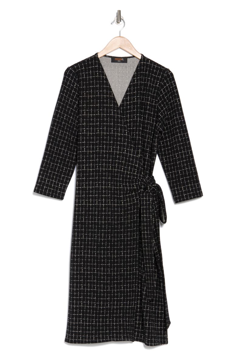 Plaid Long Sleeve Wrap Dress, Alternate, color, BLACK