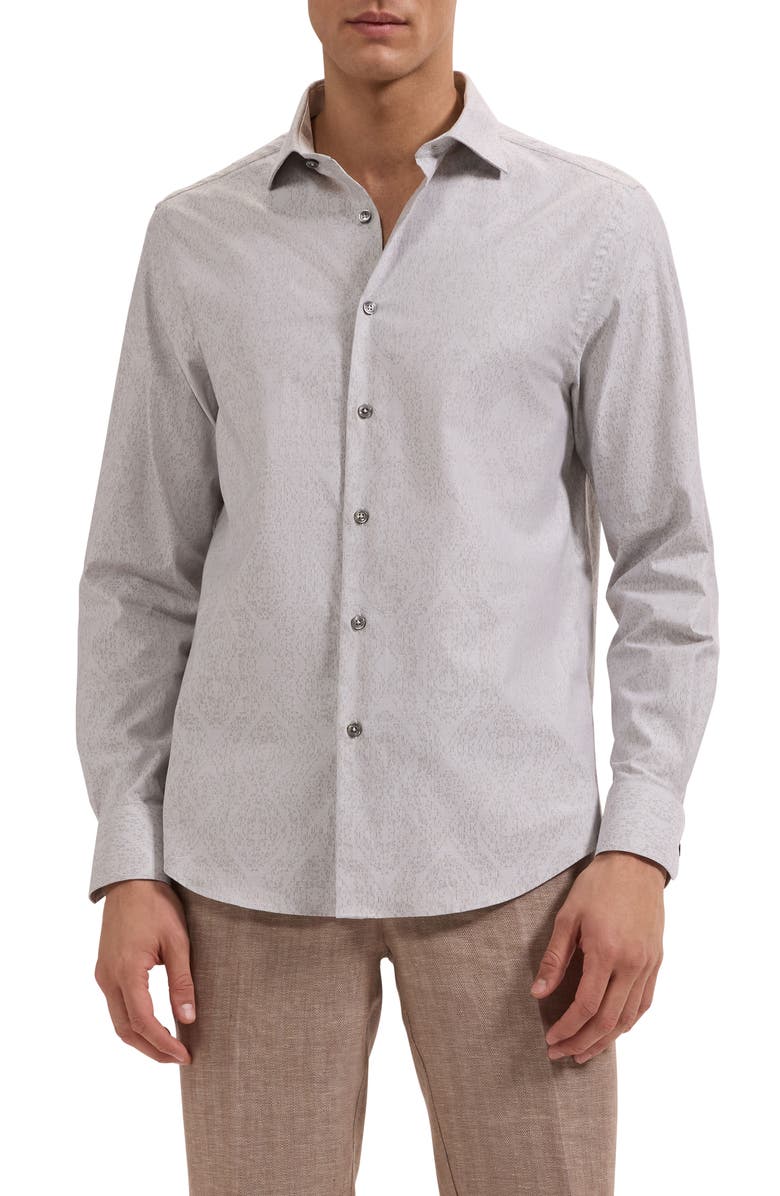 Bugatchi Axel Shaped Fit Stretch Cotton Button-Up Shirt, Main, color, Khaki