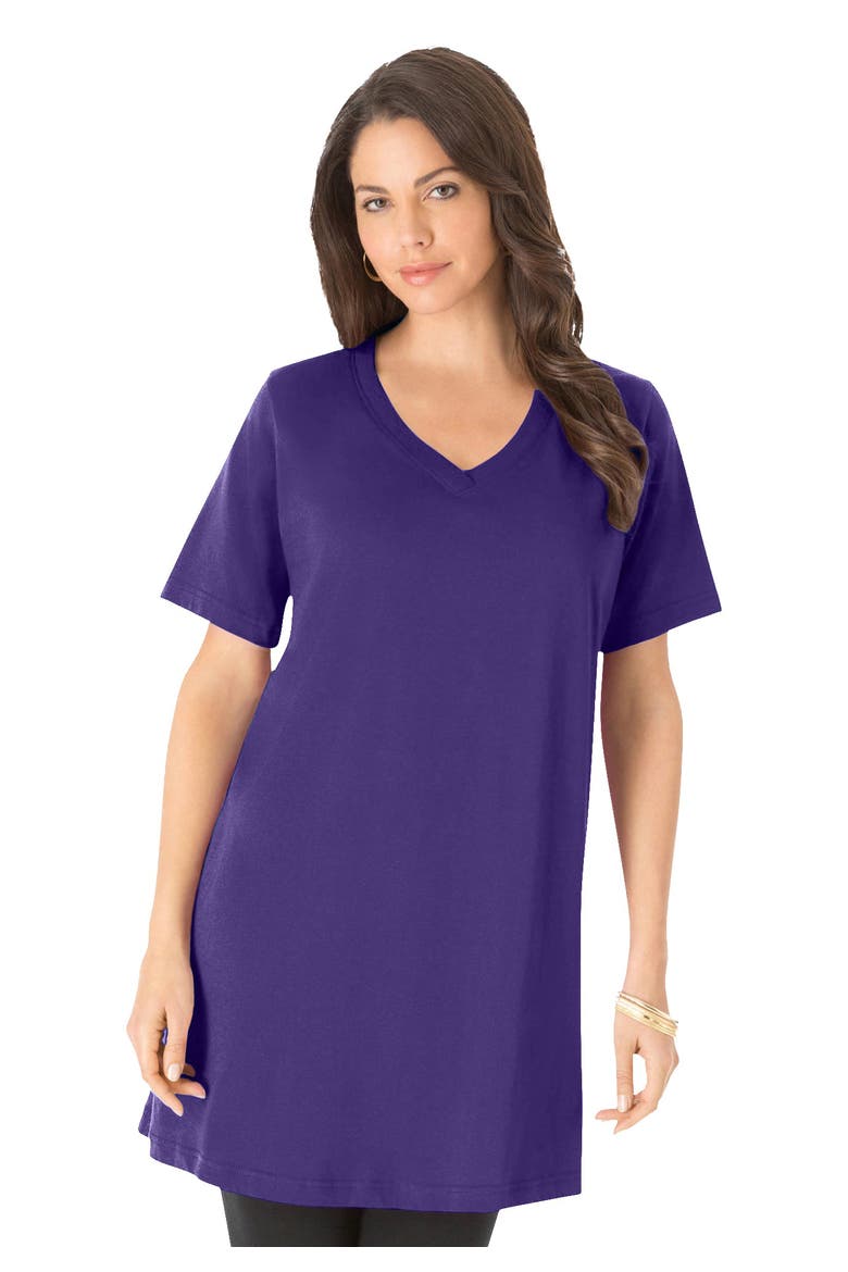 Plus Size Ultimate Cotton V Neck Short Sleeve Tunic, Main, color, MIDNIGHT VIOLET