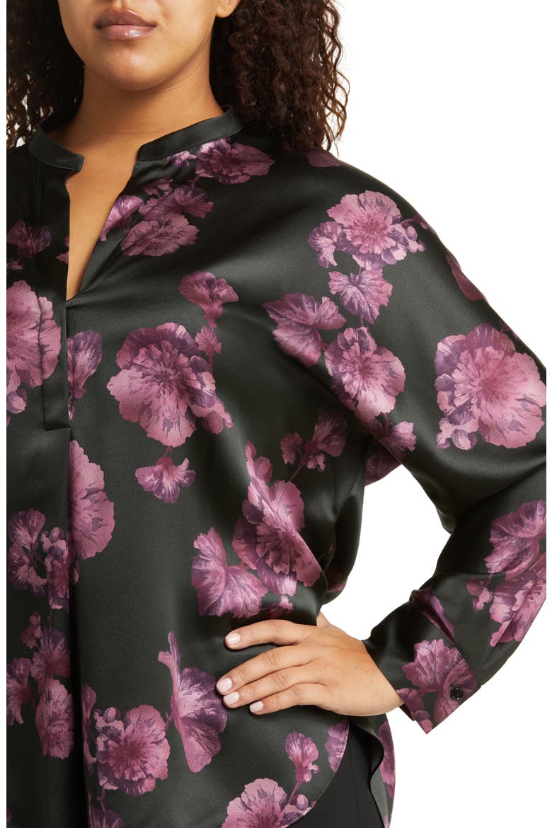 Begonia Print Silk Popover Top, Alternate, color, BLACK/ WINE