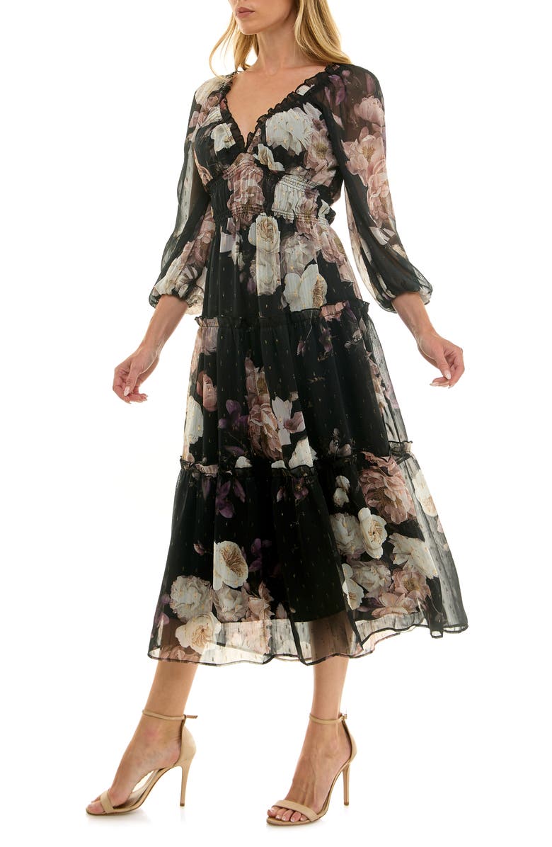 Socialite Floral Balloon Sleeve Tiered Midi Dress, Alternate, color, Black Mve Grey