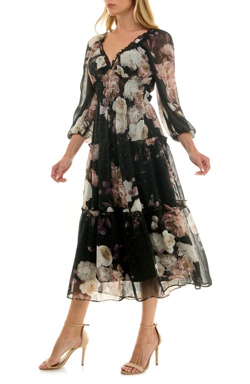 Socialite Floral Balloon Sleeve Tiered Midi Dress In Multi