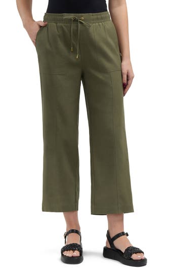 Shop Ellen Tracy Wide Leg Linen Blend Drawstring Crop Pants In Light Olive