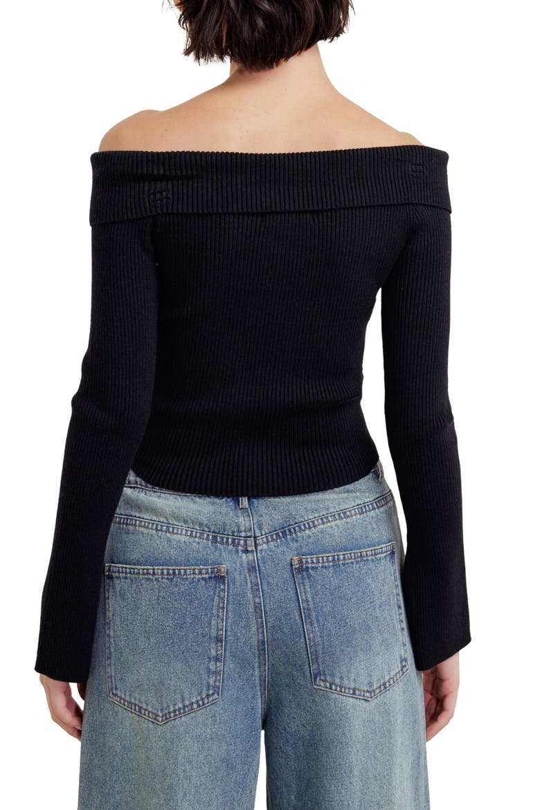 Off the Shoulder Zip Ribbed Cropped Sweater, Alternate, color, BLACK