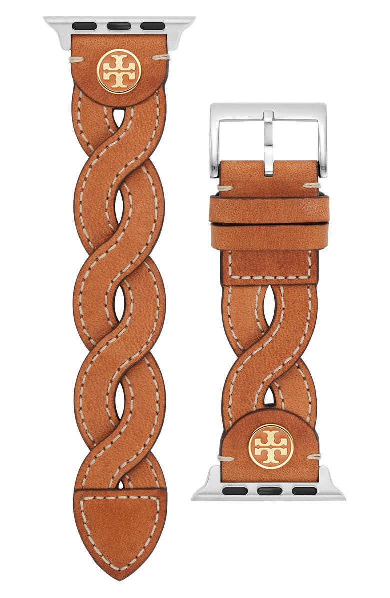 Tory Burch Braided Leather 20mm Apple Watch<sup>®</sup> Watchband, Main, color, Caramel