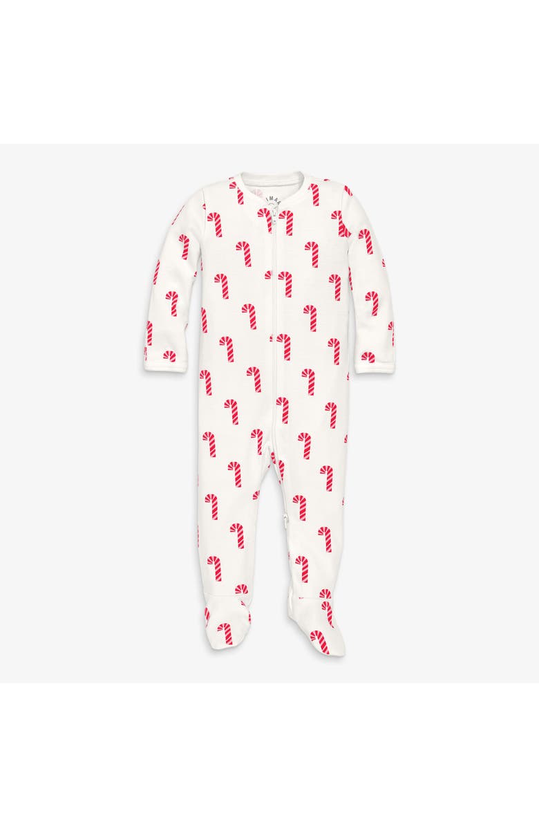 Primary Organic Zip Footie In Festive Prints, Main, color, Ivory Candy Canes