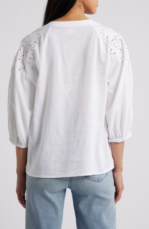 Caslon ® Embroidered Cutwork Split Neck Linen Blend Popover Top In White