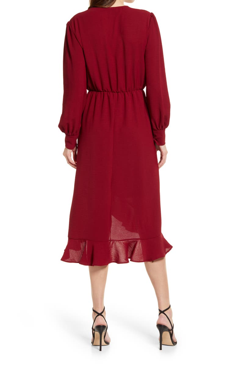 Fraiche by J Faux Wrap Ruffle Long Sleeve Dress, Alternate, color, Wine