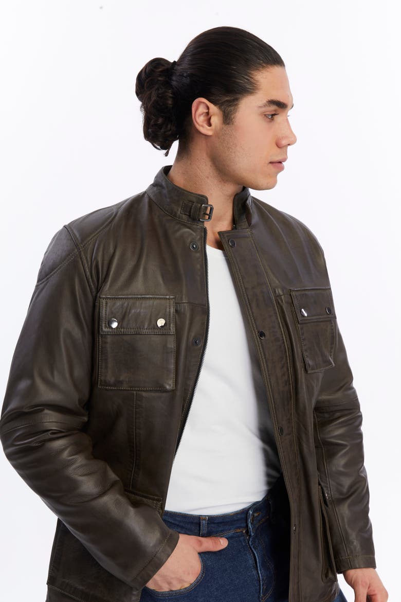 Utility Leather Jacket, Alternate, color, Brown