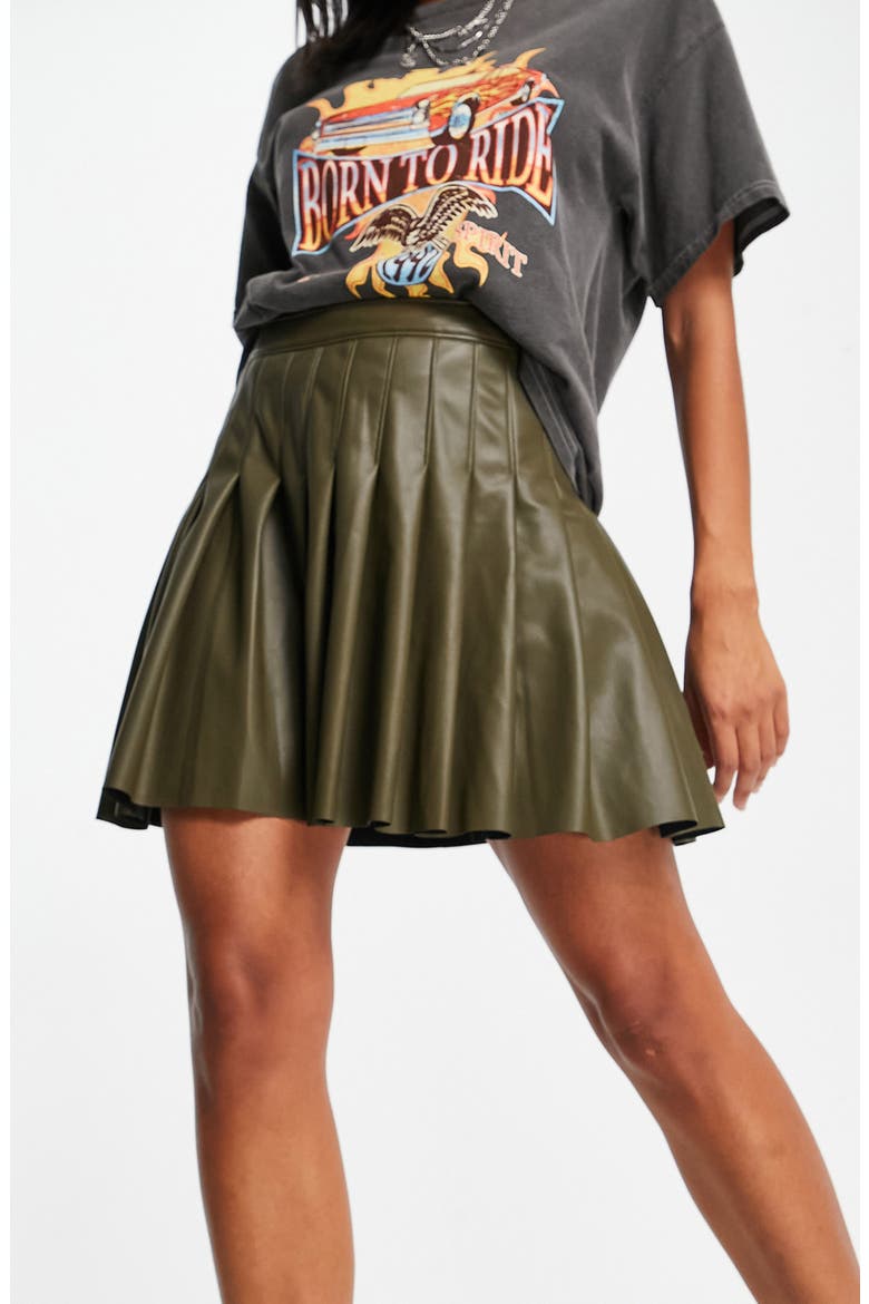 Pleated Faux Leather Miniskirt, Alternate, color, GREEN