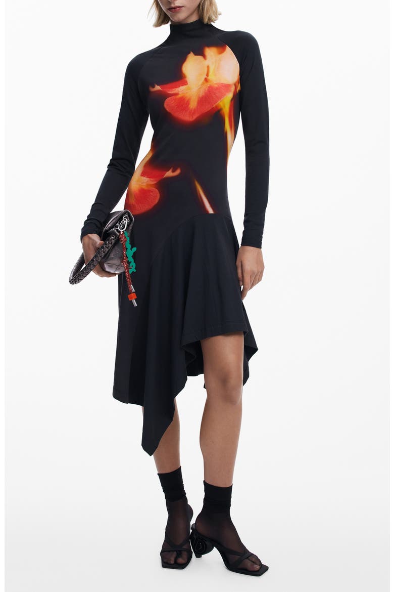 Asymmetric Long Sleeve Stretch Cotton Dress, Main, color, BLACK