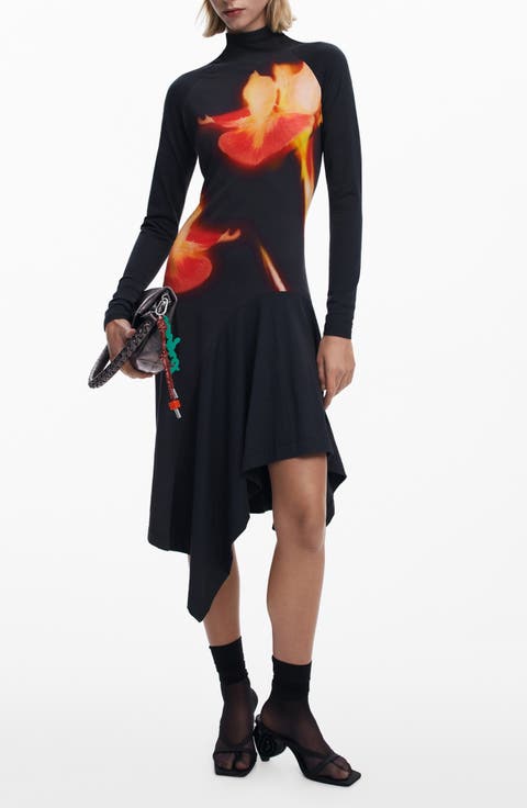 Asymmetric Long Sleeve Stretch Cotton Dress