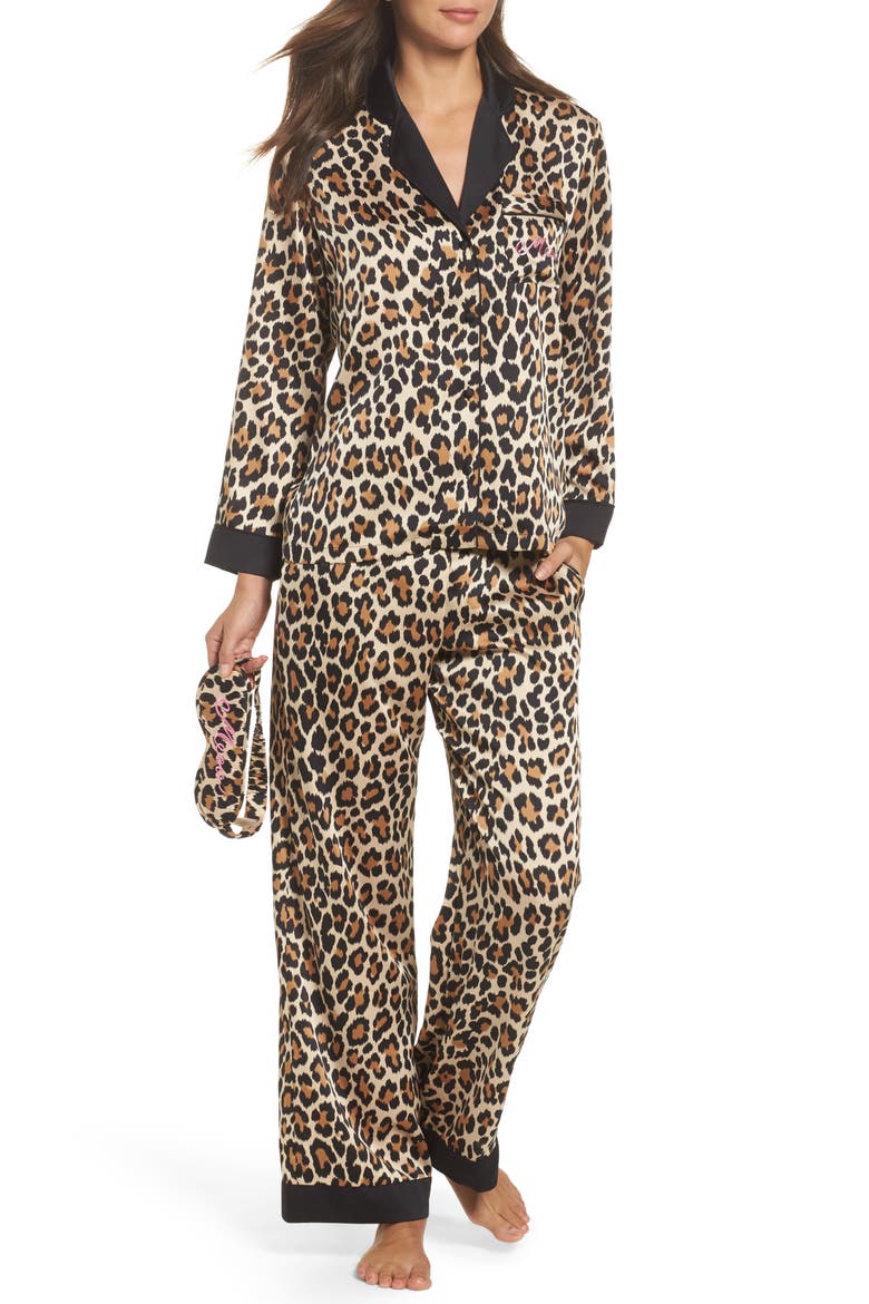 kate spade new york leopard print charmeuse pajamas & sleep mask, Main, color, BROWN ANIMAL