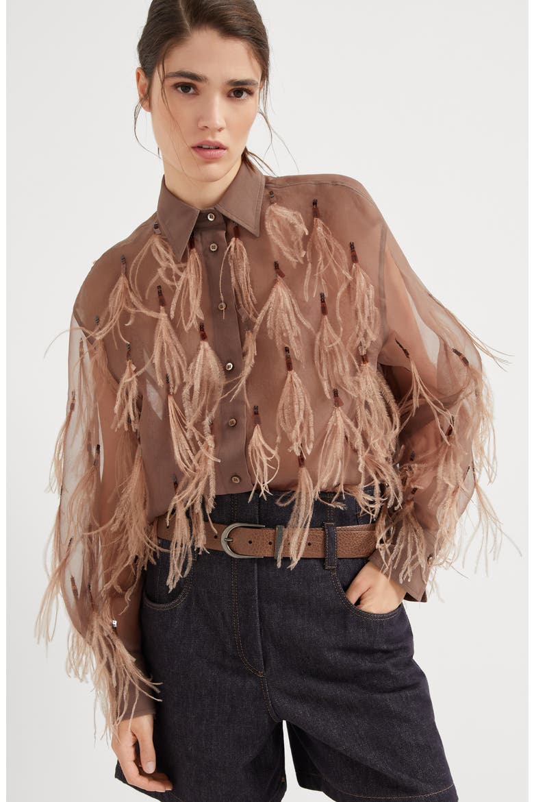 Crispy silk shirt with dazzling feather embroidery, Alternate, color, Brown