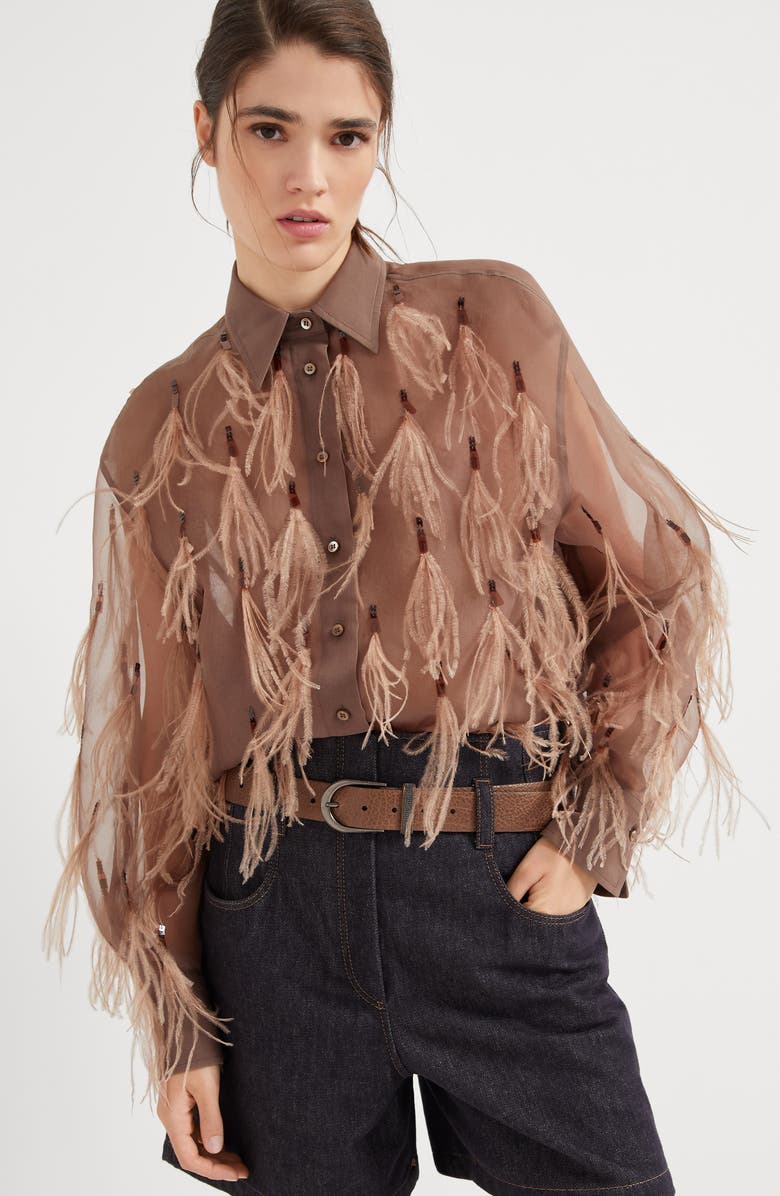 Brunello Cucinelli Crispy silk shirt with dazzling feather embroidery, Alternate, color, 