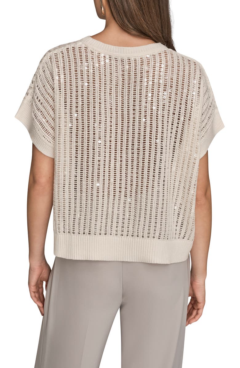 Donna Karan New York Sequin Open Stitch Short Sleeve Sweater, Alternate, color, Cream