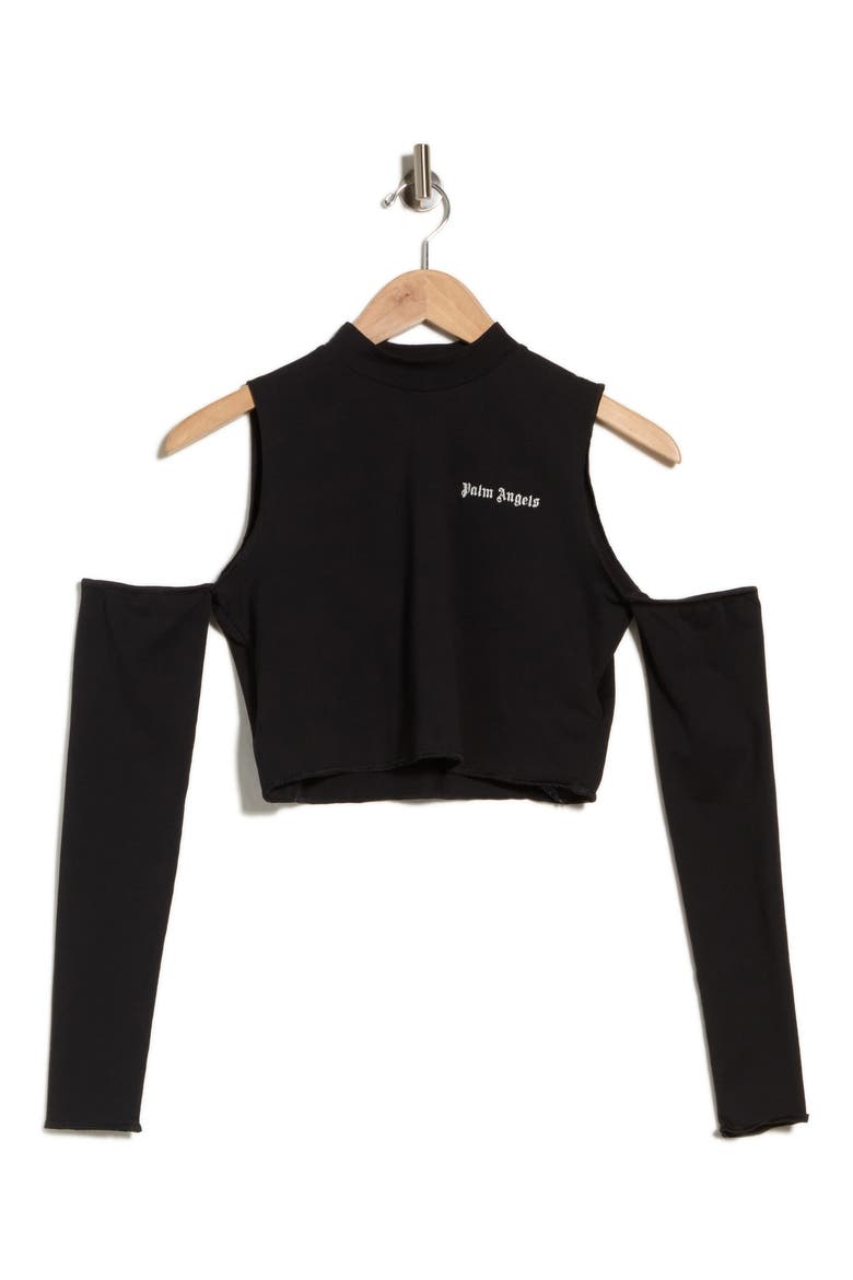 Cold Shoulder Long Sleeve Crop Top, Alternate, color, BLACK/WHITE