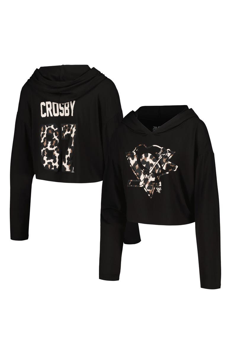 Majestic Threads Women's Majestic Threads Sidney Crosby Black Pittsburgh Penguins Leopard Print Name & Number Cropped Pullover Hoodie, Main, color, Black