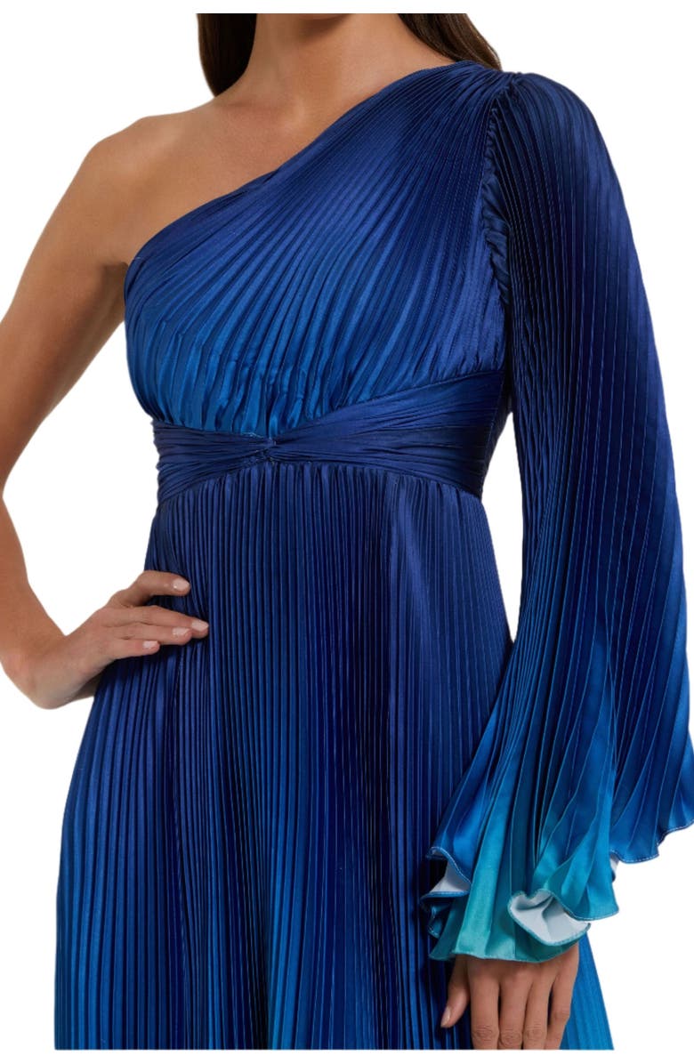 Mac Duggal Pleated Charmeuse One Long Flare Sleeve Gown, Alternate, color, Blue Ombre