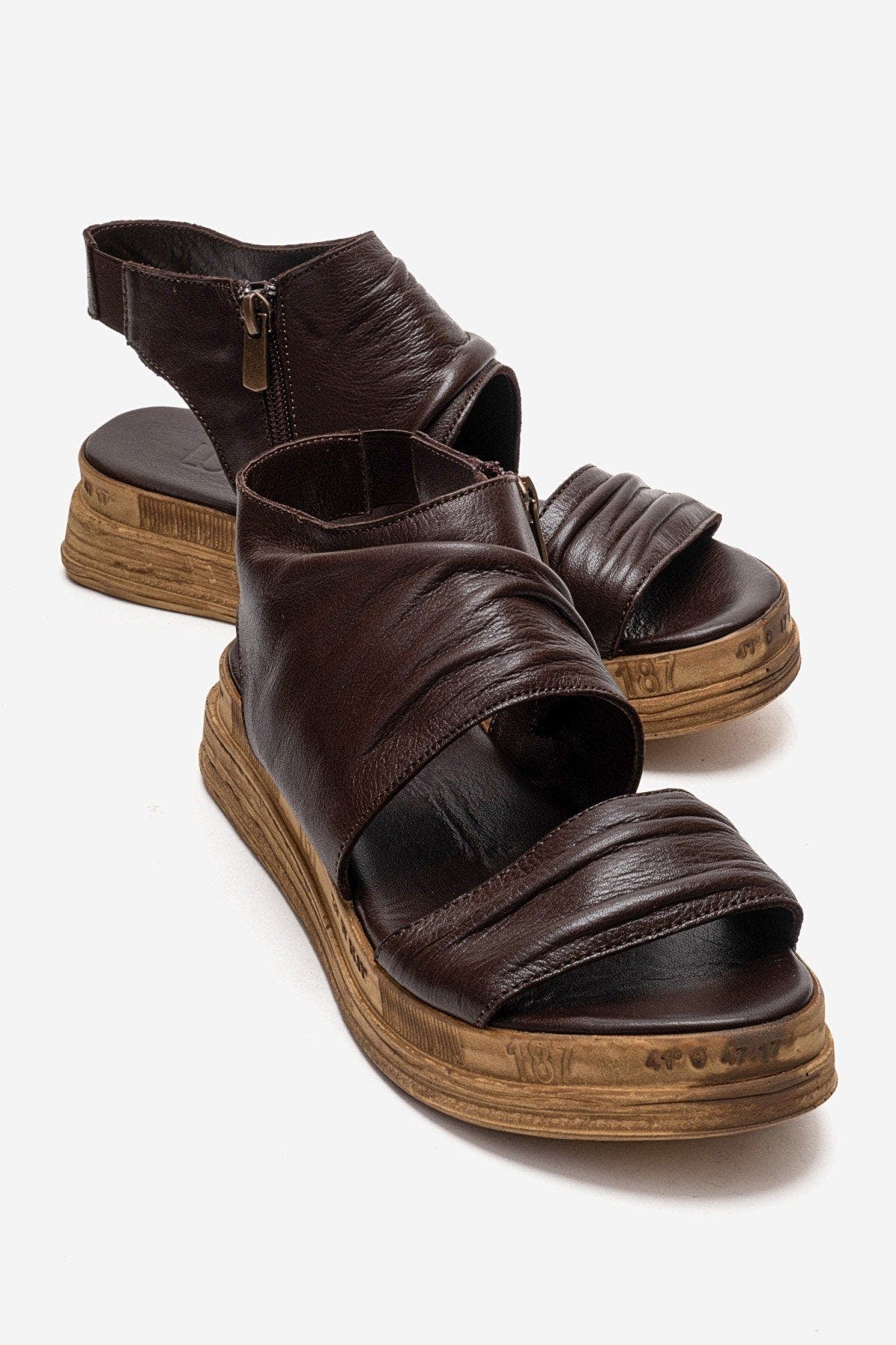 Lunas Leather Side-Zip Flat Heel Sandal, Main, color, Brown