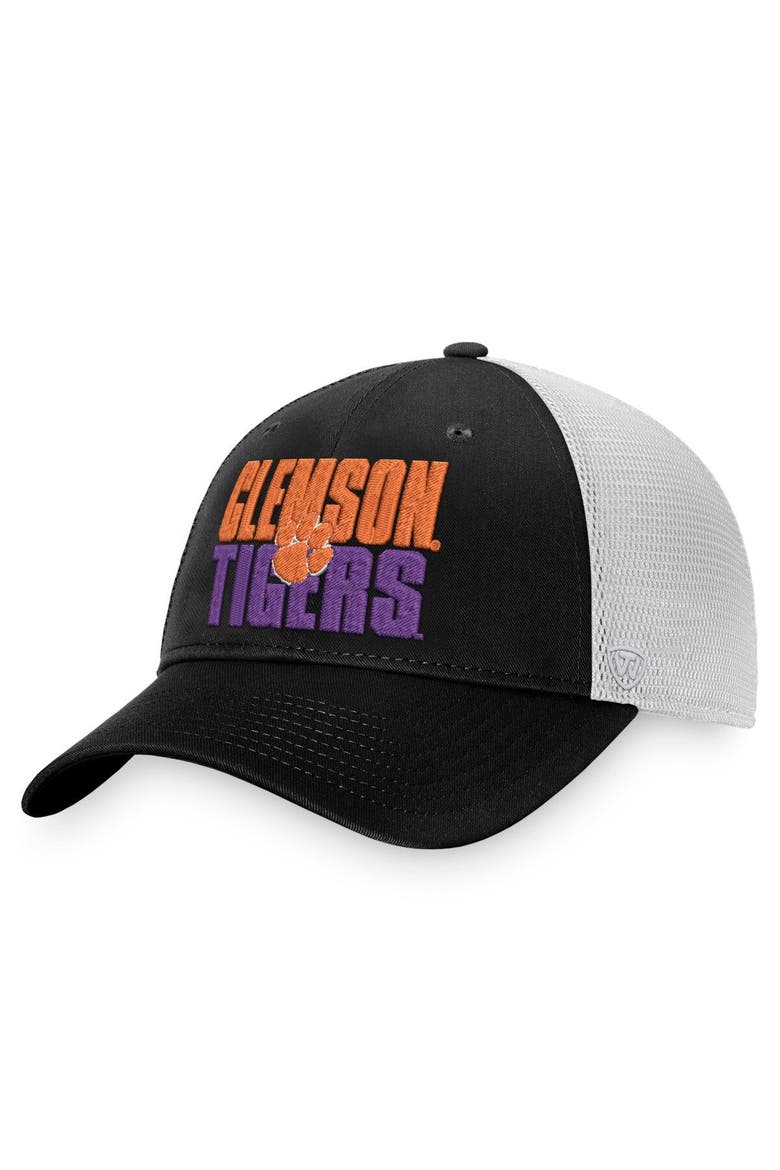 Men's Top of the World Black/White Clemson Tigers Stockpile Trucker Snapback Hat, Main, color, Black
