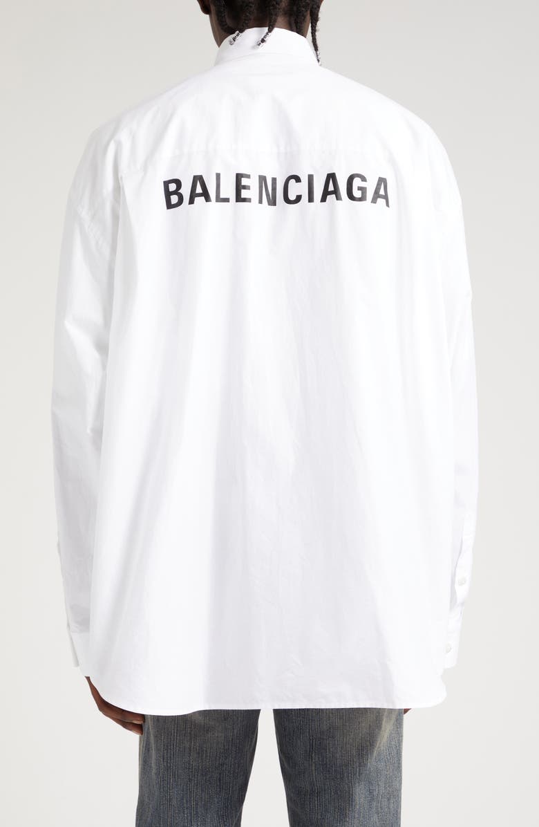 Balenciaga Oversize Logo Back Cotton Poplin Button-Down Shirt, Alternate, color, White