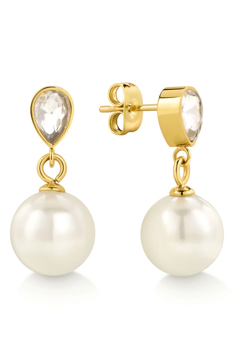 D.LOUISE Pear-Cut Cubic Zirconia & Freshwater Pearl Drop Earrings, Main, color, Gold