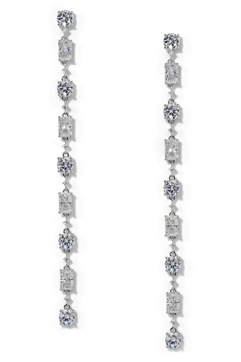 Everleigh Cubic Zirconia Linear Drop Earrings, Main, color, RHODIUM