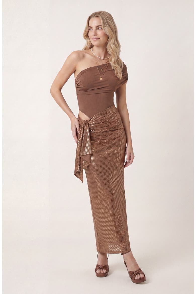 One Shoulder Ruched Maxi Dress, Alternate, color, Bronze