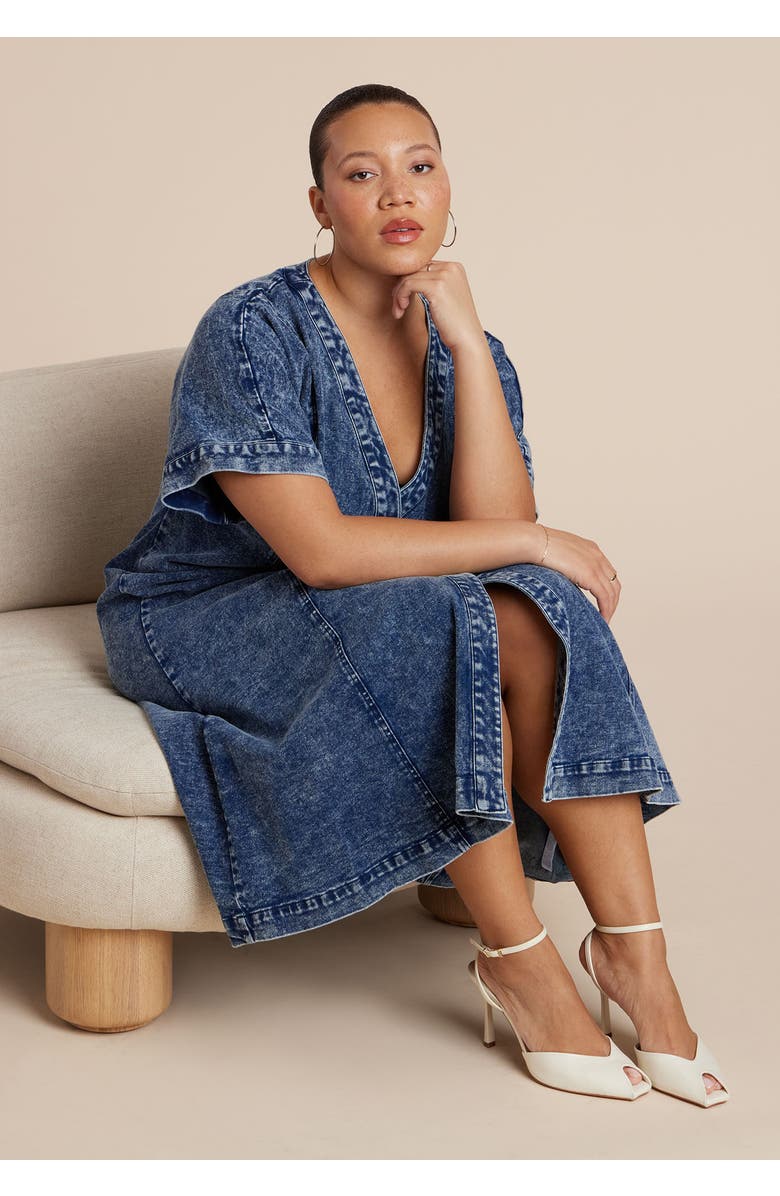 ELOQUII V Neck Flare Denim Dress, Alternate, color, Blue Snow Wash
