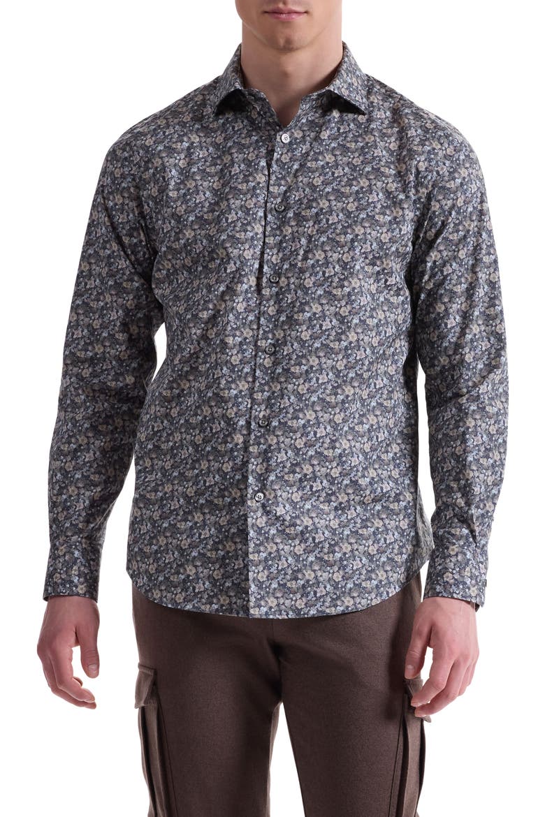 Axel Shaped Fit Floral Stretch Button-Up Shirt, Main, color, KHAKI