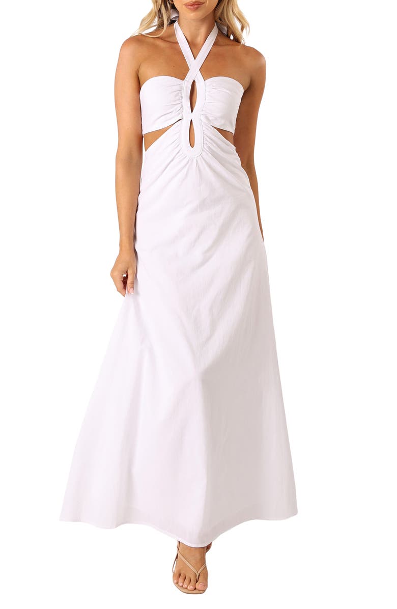 Petal & Pup Kallos Cutout Cotton Halter Maxi Dress, Main, color, White
